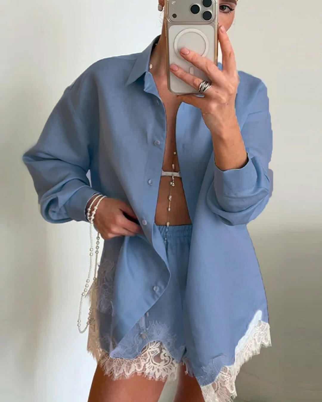Celeste conjunto de camisa de praia em renda patchwork