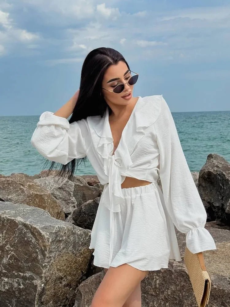 Conjunto Duas Peças Cordelia com Decote em V e Folhos