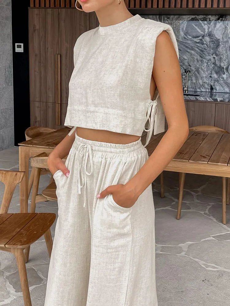 SOERA Delfina Linen Crop Top Two Piece Set - Matching Sets -  Beige S