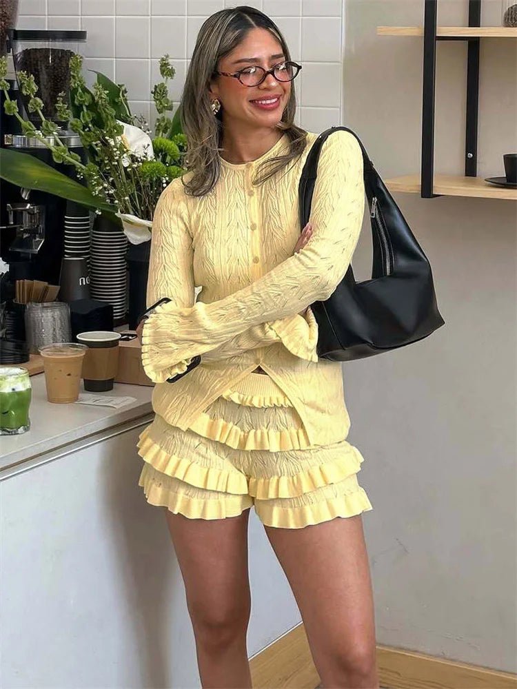 SOERA Iris Ruffled Knit Shorts Set - Matching Sets -  Yellow XS