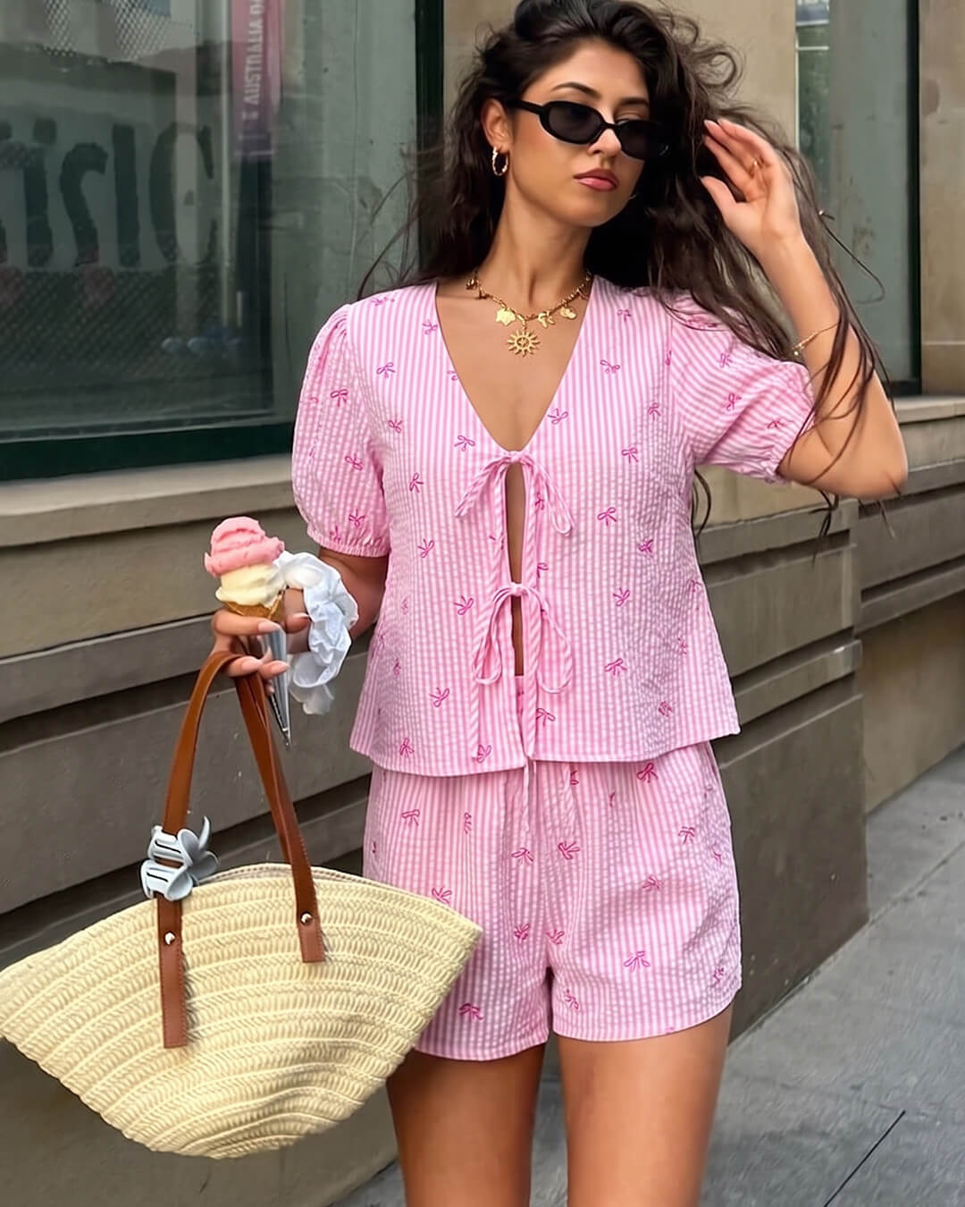 SOERA Kate Striped Tie-front Two-Piece Short Set - Matching Sets - SOERA-171075-PIN-S-84035 Pink Set S