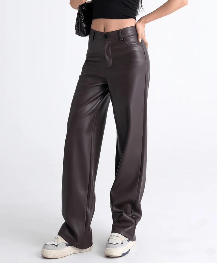 SOERA Giselle High Waisted Leather Pants - Pants - 1005009872666185-;hY1762998399401204977 Coffee S