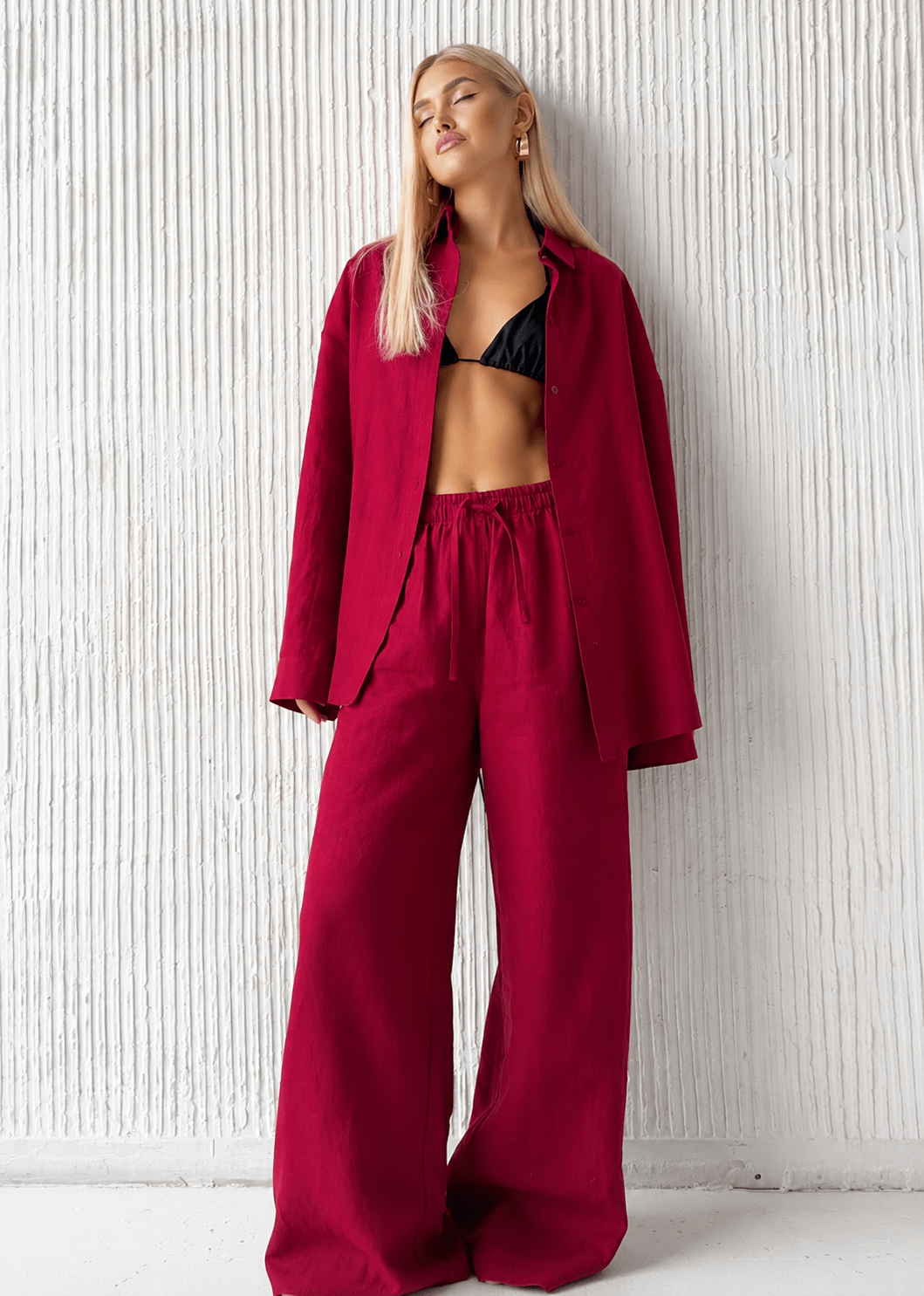Adero camisa de algodão de corte relaxado e conjunto com calças de perna larga