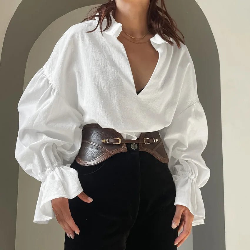 SOERA Vivian V - Neck Puff Long Sleeve Blouse - Shirts - 1005011795904064-;Pf1776154513968637042 S