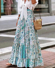 Celeste Saia Fluida Boho com Estampa e Folho