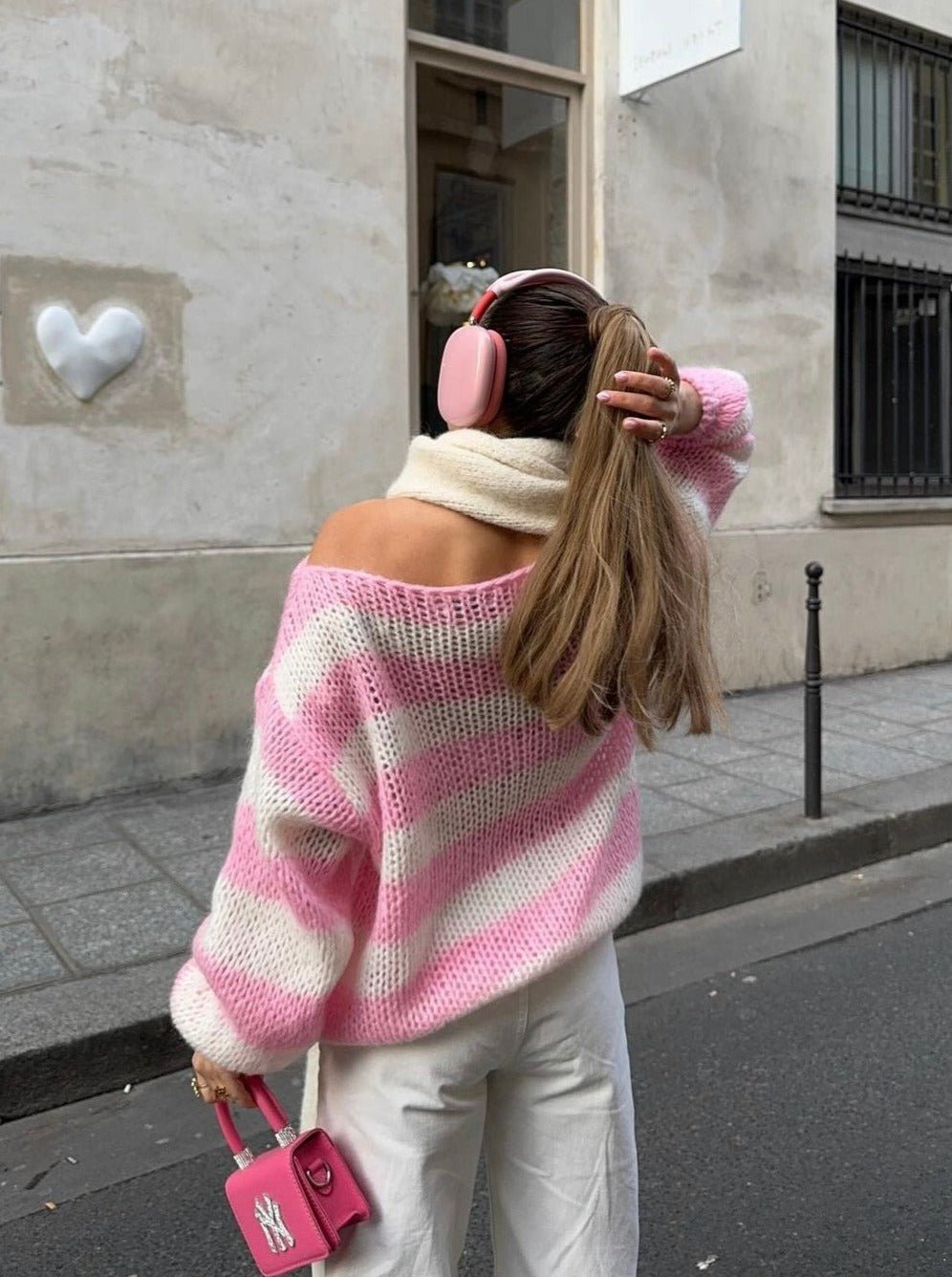 SOERA Rose Striped Loose Sweater - Sweaters - fS1770344797582553828 Pink M
